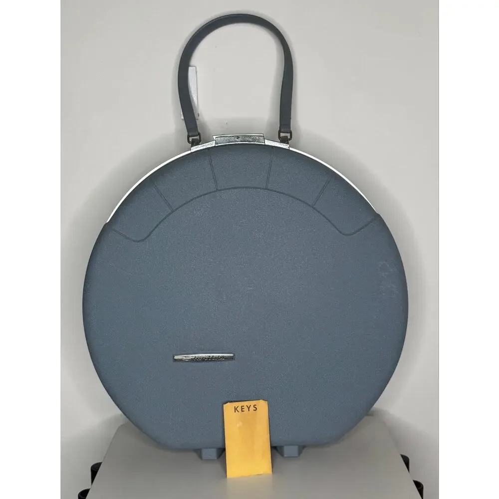 1960s Starflite Blue Round Train Case Vanity Makeup Travel Bag Key